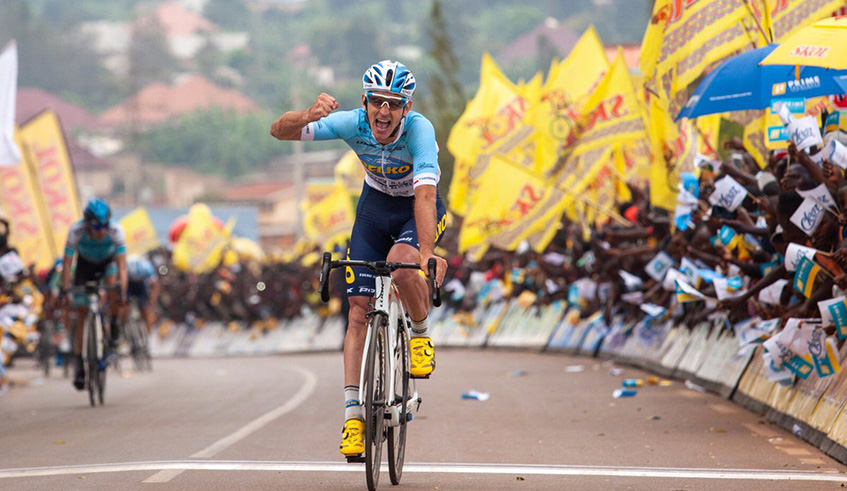 Przemyslaw Kasperkiewicz, 25, celebrates his Stage 6 victory as he crossed the finish-line in Bugesera District on Friday afternoon. Tour du Rwanda.