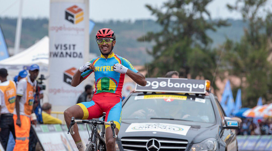 Yakob Debesay, 19, celebrates his Stage 7 victory after his solo finish in Kigali Central Business District on Saturday afternoon. / Net photo