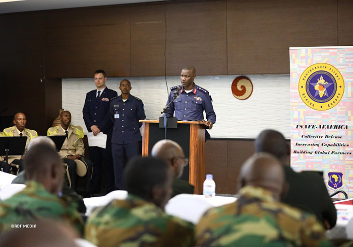 Maj. Gen Charles Karamba speaks to participants during the opening ceremony. 