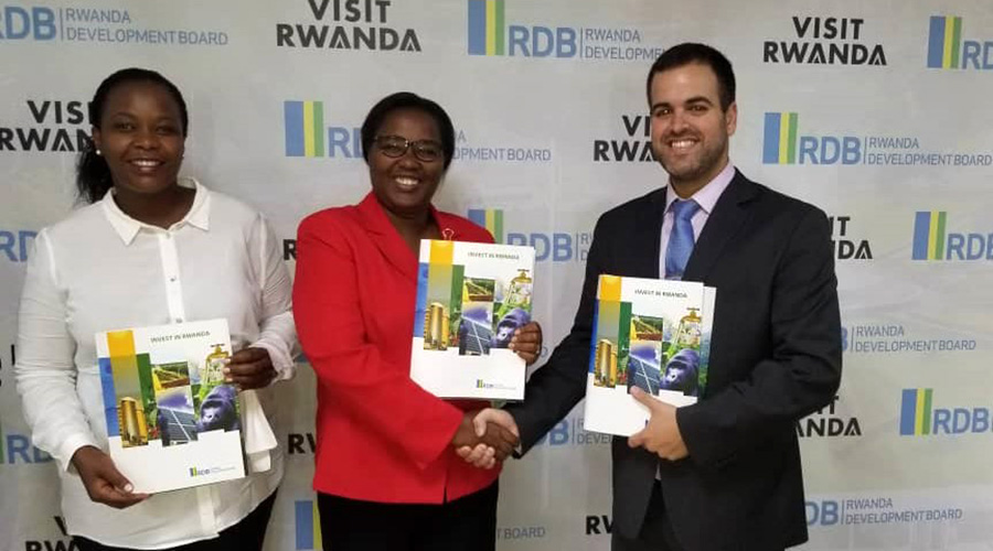 RDB's CEO Clare Akamanzi (L) Geraldine Mukeshimana (C) and Elad Levi Netafim's Head of Africa (R) pose for a photo after the signing ceremony last Saturday.