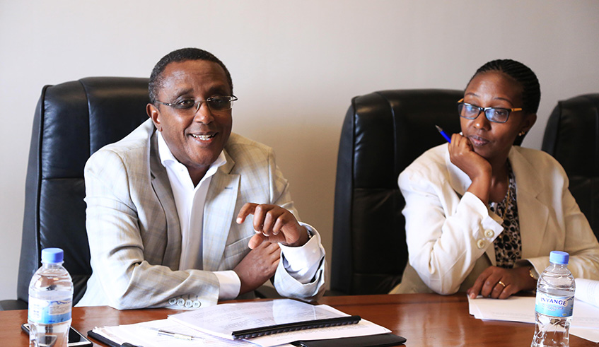 The Minister for Environment, Dr Vincent Biruta, addresses members of the parliamentary Standing Committee on Agriculture, Livestock and Environment as Coletha Ruhamya, the Director General of REMA, looks on in Kigali yesterday. The Government has pinned its hopes on five local firms that produce non-plastic products and seven companies that recycle plastics to phase out the use of single use plastic materials without significant disruptions. Sam Ngendahimana.