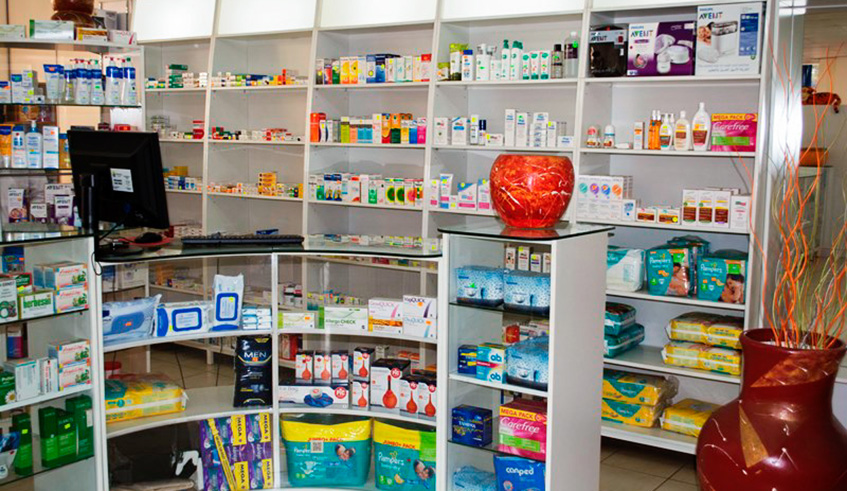 Drugs on shelves in a pharmacy in Kigali.  Net photo.