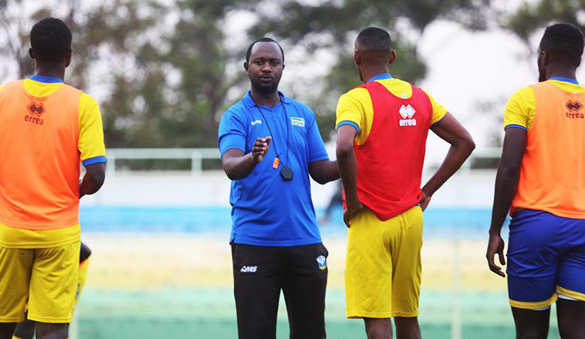 Vincent Mashami leads a training session at Kigali Stadium last year during qualifiers for the 2019 Africa Cup of Nations (AFCON 2019), which Amavubi failed to qualify for. File.