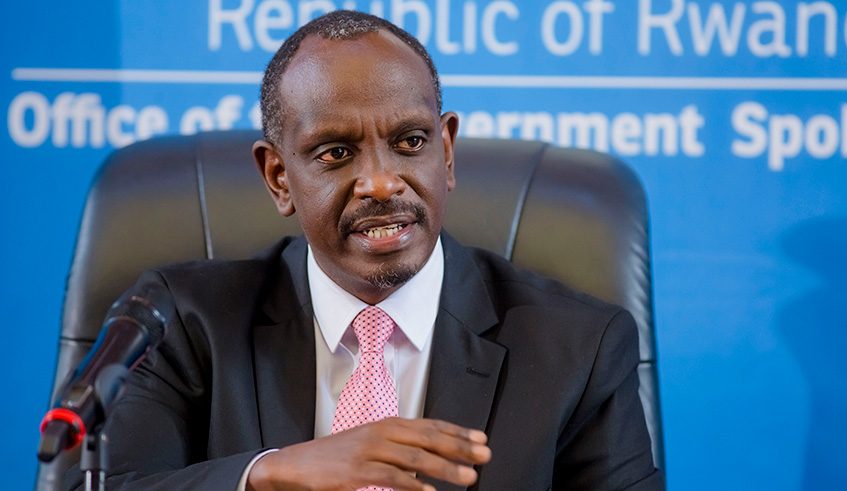 Foreign Affairs Minister and Government Spokesperson Dr Richard Sezibera speaks during a news briefing in Kimihurura yesterday. Sezibera said at least 106 Rwandan nationals are currently being held in Uganda with no access to lawyers and consular services. Emmanuel Kwizera.