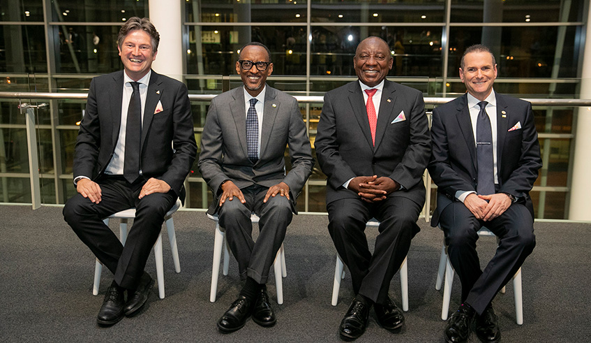 Presidents Paul Kagame and Cyril Ramaphosa of South Africa flanked by high-level delegates at the Young Presidents Organisation (YPO) Internationalu2019s annual meeting in Cape Town, South Africa yesterday. Kagame warned of the dangers associated with divisive politics, saying that it is dangerous to society. Village Urugwiro.