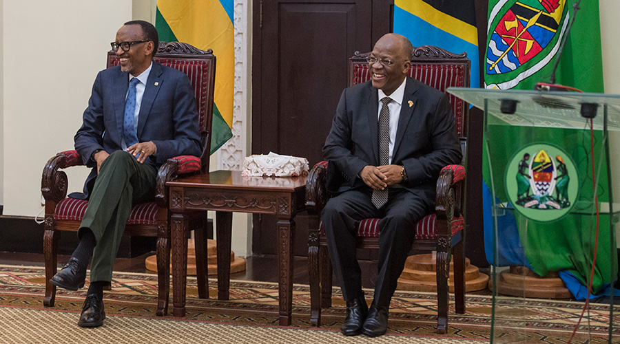 President Kagame together with his host, President John Pombe Magufuli at the State House, Dar es Salaam yesterday. Kagame, who was in Tanzania for a one-day working visit, said that the talks between him and his counterpart centred on business, politics and cooperation. / Village Urugwiro