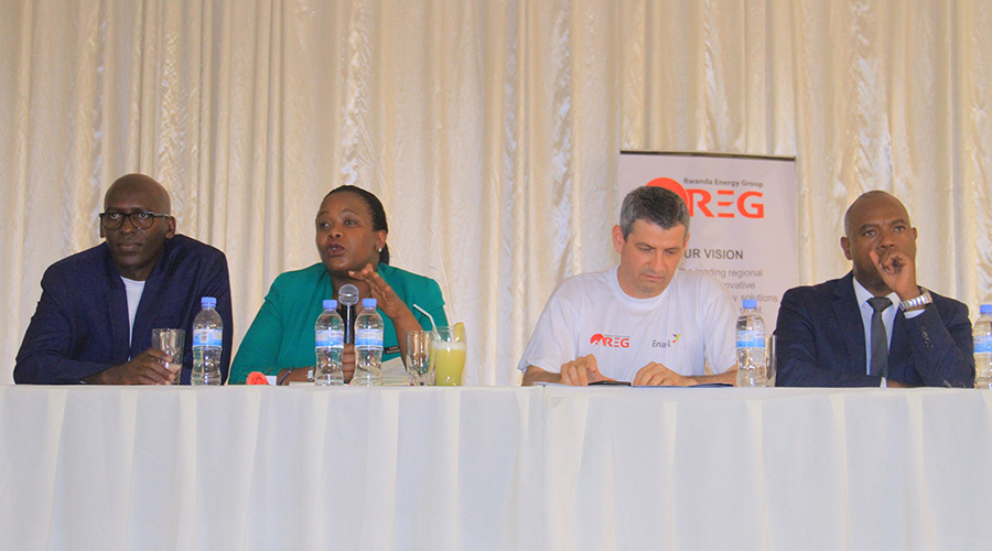 RDB CEO, Clare Akamanzi addresses women in the Rwandan energy sector during the event to mark IWD. Looking on is REG boss Ron Weiss who decried the lack of women in the sector. / Michel Nkurunziza