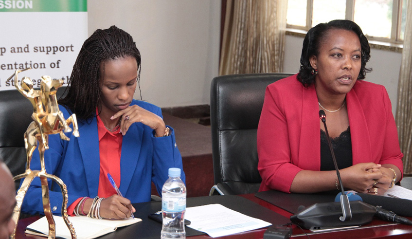 Sports and Culture Minister Esperance Nyirasafari(right) speaks at a news conference on March 6, while flanked by RDBu2019s Belise Kariza. Courtesy photo.