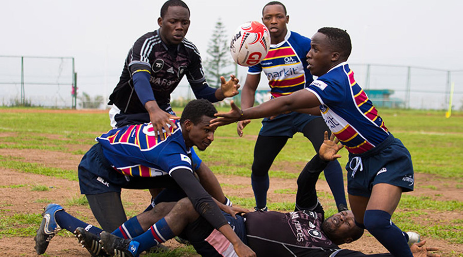 Kigali Sharks (striped shirts) will start the defence of their national rugby league title against Lion de Fer on March 16. File.