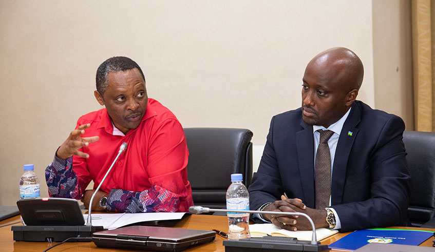 Minister for Local Government Anastase Shyaka speaks during a news conference on the 16th National Leadership Retreat which concluded on Monday in Gabiro. Looking on is Olivier Nduhungirehe, the Minister of State for Foreign Affairs, Cooperation. Emmanuel Kwizera.