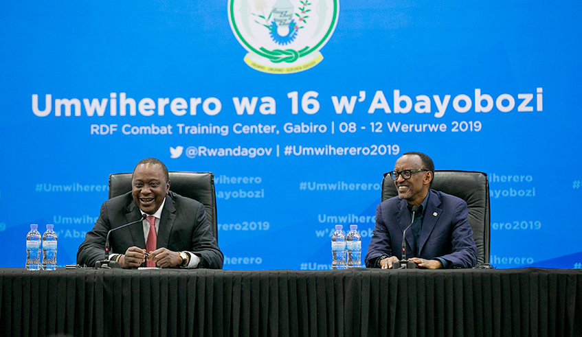 President Kagame and his Kenyan counterpart, Uhuru Kenyatta addressing delegates attending the National Leadership Retreat at the RDF Combat Training Centre in Gabiro. Kenyatta made a surprise visit to the retreat that ended yesterday after three days. Village Urugwiro.