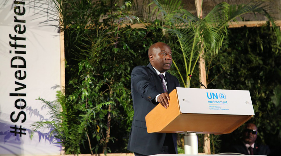 Prime Minister Edouard Ngirente addresses delegates at the One Planet Summit that is underway in the Kenyan capital Nairobi yesterday. During his speech, Ngirente rallied global support for the Kigali Amendment of the Montreal Protocol to avert adverse effect of climate change. / Courtesy