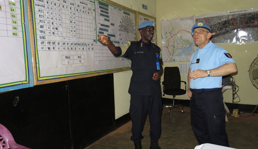 ACP Damas Gatare makes a presentation during the visit by to the newly appointed MINUSCA Police Commissioner General Pascal Champion. Courtesy.