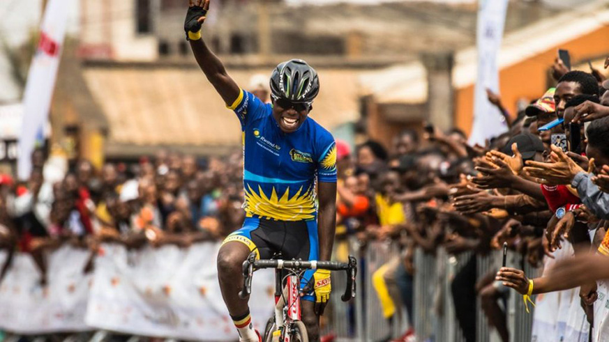 Moise Mugisha, seen here celebrating after winning the final stage of Tour de lu2019Espoir in Cameroun last month, is Team Rwandau2019s sole gold medalist so far at this yearu2019s African championships in Ethiopia. File.