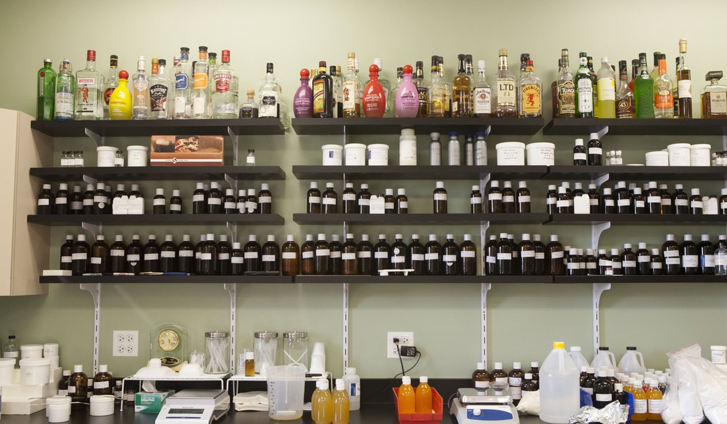 An assortment of beverages, alcoholic drinks and medicines in a laboratory. Net photo.