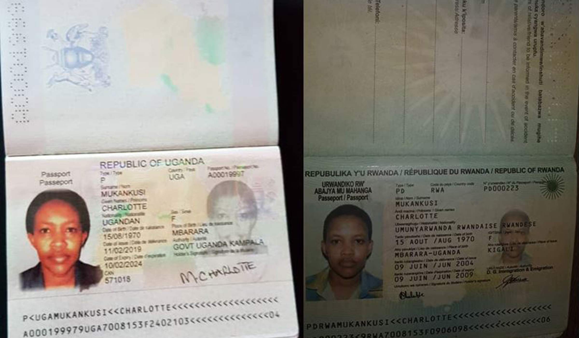 The Ugandan passport(left) that was recently given to Mukankusi and her expired Rwandan passport.