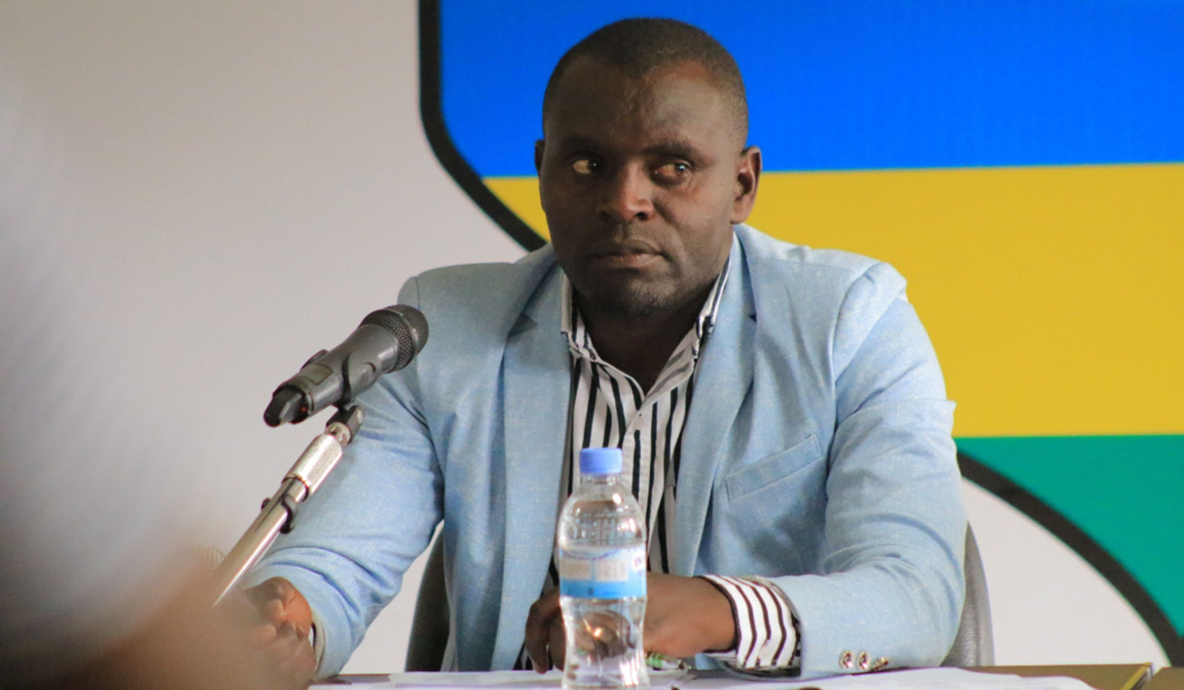 She-Amavubi head coach Sosthene Habimana speaks to members of the press as he announced his squad at Ferwafa HQs in Remera on Tuesday. Courtesy.
