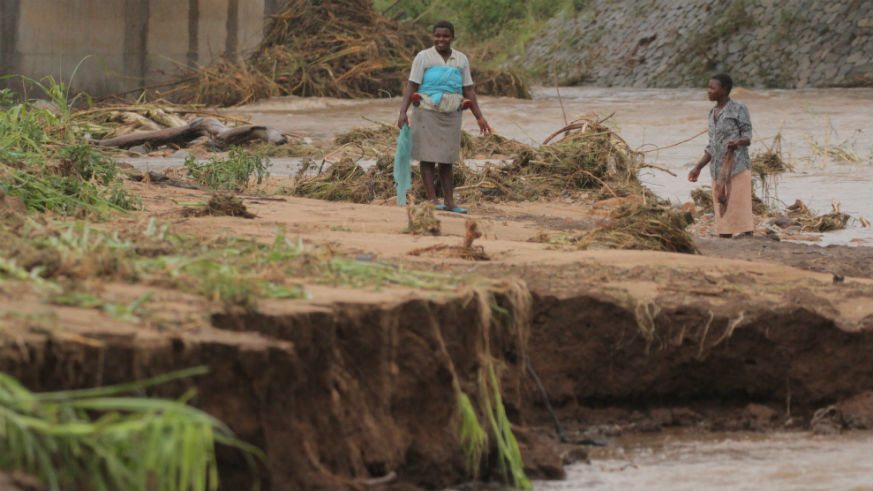 CHIMANIMANI (ZIMBABWE), March 17, 2019 (Xinhua) -- Farmers check their crop after the area was hit by cyclone Idai in Chimanimani, Manicaland Province, Zimbabwe, March 17, 2019. At least 31 people have been confirmed dead while dozens of others are still missing as tropical cyclone Idai wreaks havoc in southeastern Zimbabwe, the government said Saturday evening. (Xinhua/Shaun Jusa) 