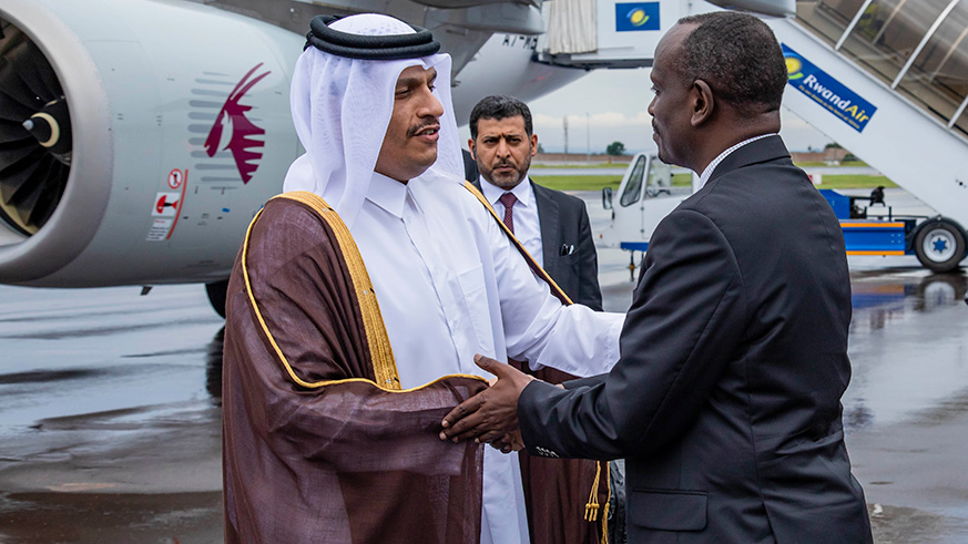 Sheikh Mohamed bin Abdulrahman Al Thani, Deputy Prime Minister and Minister of Foreign Affairs of Qatar, is received by Rwandau2019s Minister for Foreign Affairs Dr Richard Sezibera at Kigali International Airport on March 21, 2019. Emmanuel Kwizera.