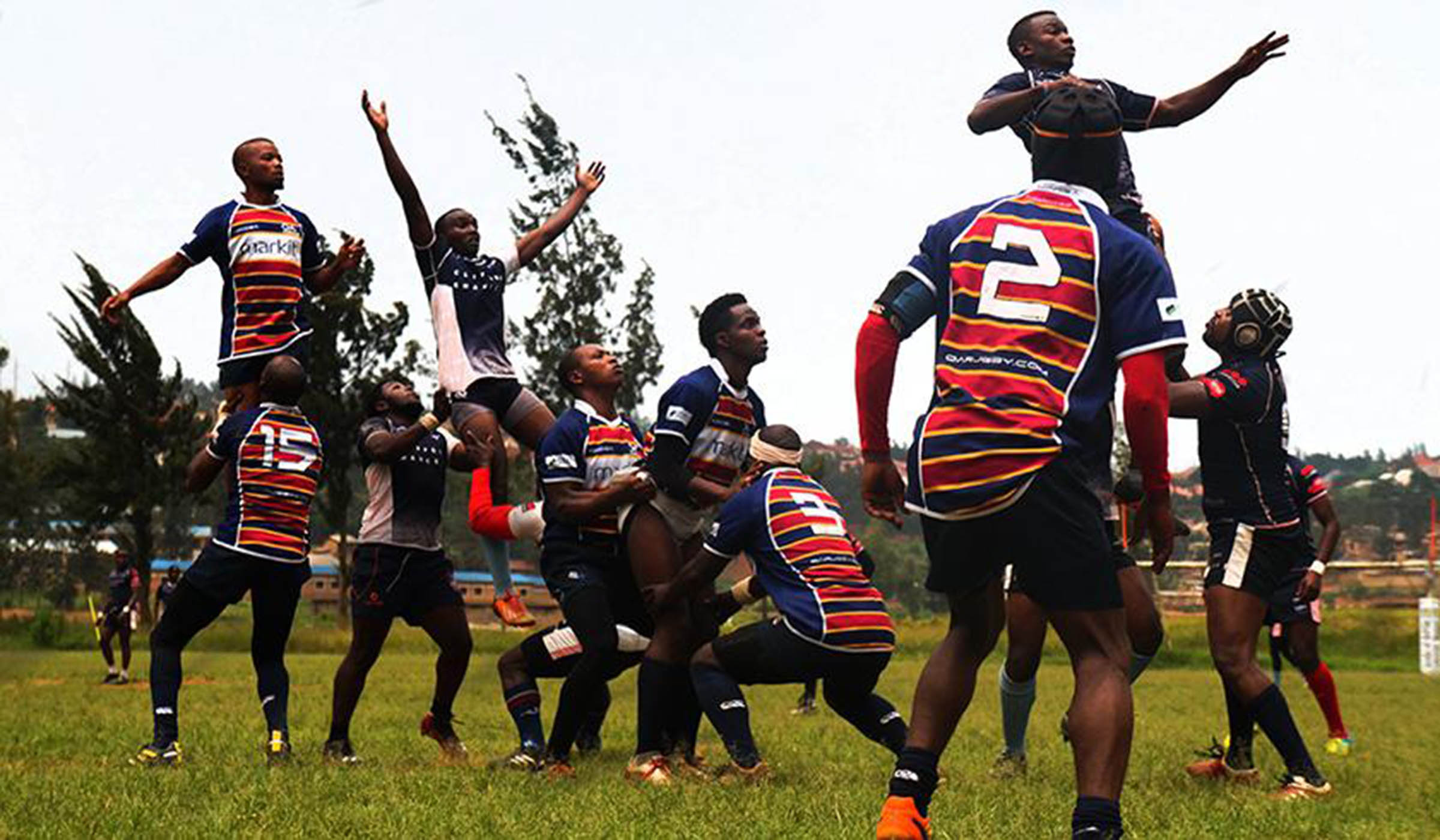 Kigali Sharks (with striped shirts) are optimistic to bounce back against Thousand Hills after their 14-10 upset at the hands of Lion de Fer last weekend. File.