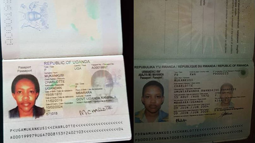 The copies of the Ugandan passport (left) that was recently given to Mukankusi and her expired Rwandan passport (right).