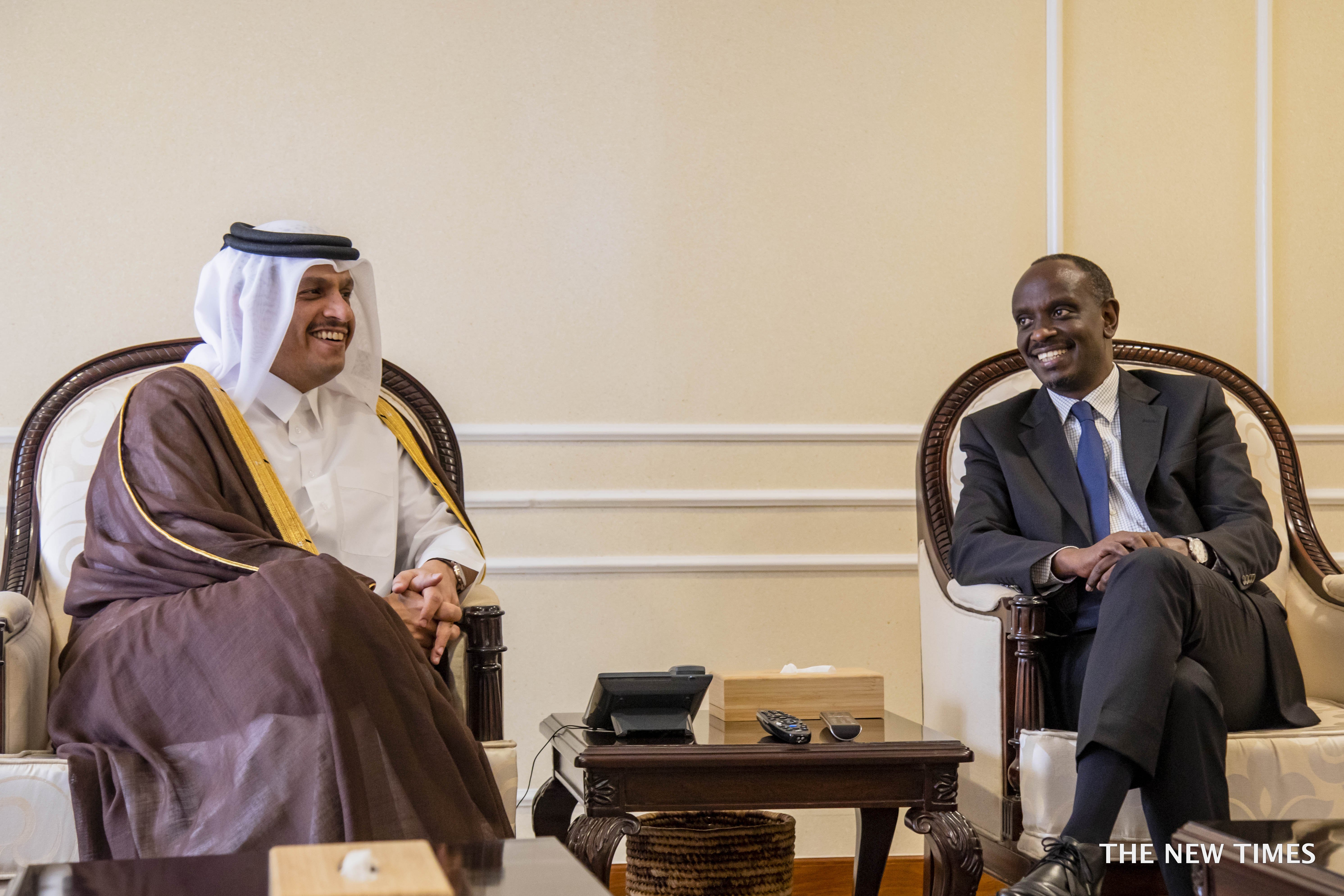 Sheikh Mohamed bin Abdulrahman Al Thani, Deputy Prime Minister and Minister of Foreign Affairs of Qatar, is received by Rwandaâ€™s Minister for Foreign Affairs Dr Richard Sezibera at Kigali International Airport on March 21, 2019. Emmanuel Kwizera.