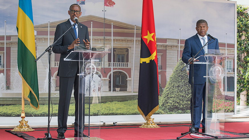 Presidents Kagame and Jou00e3o Lourenu00e7o of Angola address a joint news conference in the capital Luanda on the final day of Kagameu2019s working visit to the Southern African nation yesterday. Village Urugwiro.