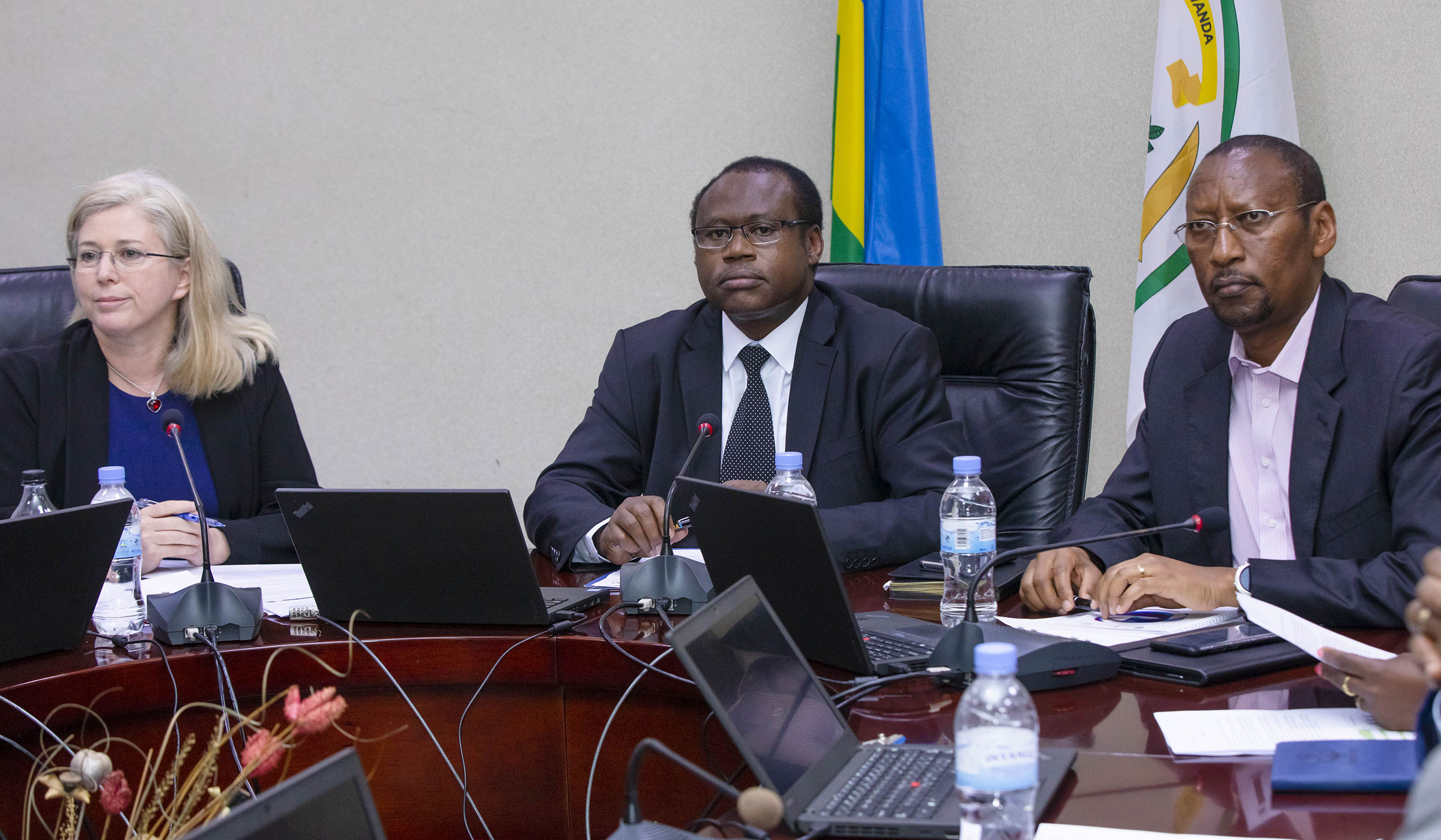 Minister for Finance and Economic Planning Uzziel Ndagijimana (centre), IMFu2019s Laure Redifer (left) and central bank Governor John Rwangombwa during the news conference in Kigali yesterday. Emmanuel Kwizera.