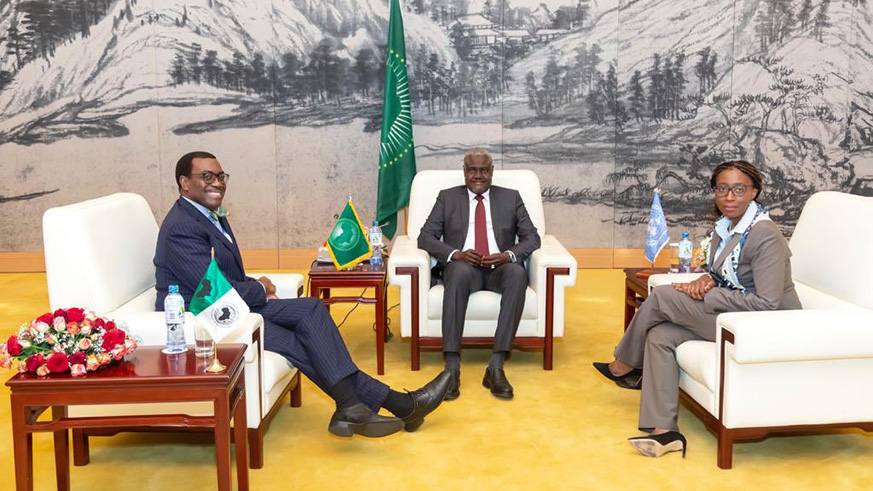 L-R: African Development Bank President Akinwumi Adesina; Moussa Faki Mahamat, Chairperson of the African Union Commission and Vera Songwe, Executive Secretary of the UN Economic Commission during a meeting in Addis Ababa recently. Net photo.