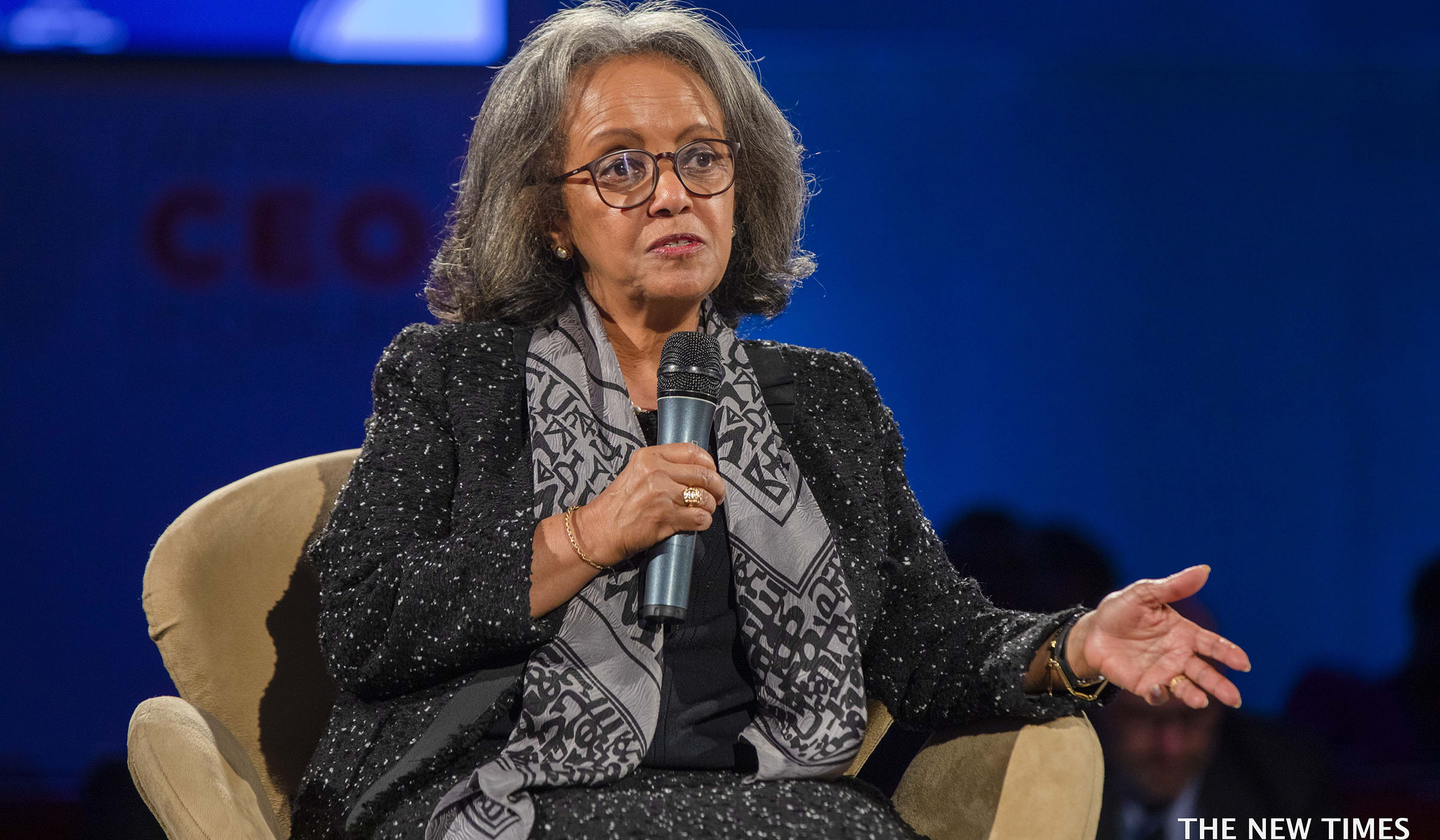 Ethiopian President Sahle-Work Zewde speaks on a panel during the Africa CEO Forum 2019 in Kigali yesterday.  Emmanuel Kwizera.