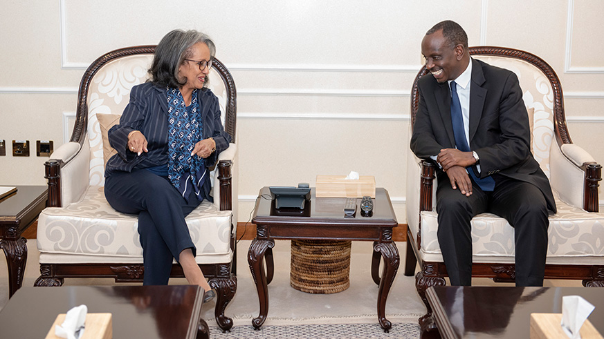 The President of the Federal Democratic Republic of Ethiopia Sahle-Work Zewde, with Rwandau2019s Minister for Foreign Affairs and International Cooperation, Dr Richard Sezibera, shortly after her arrival at Kigali International Airport yesterday. The Ethiopian leader is one of the Heads of State expected to attend the 7th Africa CEO Forum u2013 which opens in Kigali Monday u2013 along with Faure Gnassingbu00e9 of Togo, Felix Tshisekedi of Democratic Republic of Congo, and their host, President Paul Kagame. Courtesy.