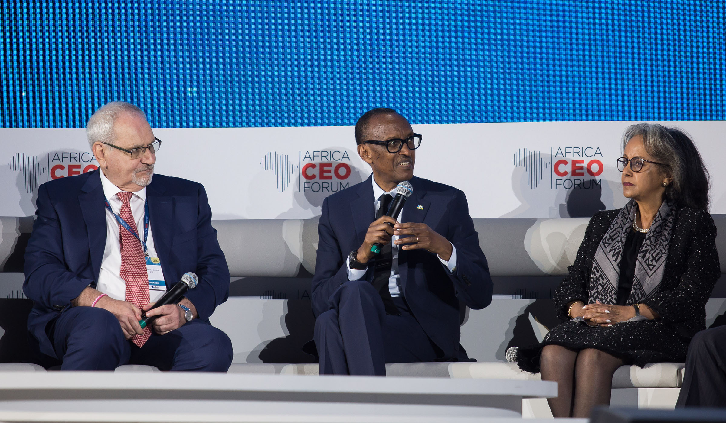 President Kagame speaks on a panel that also included President Sahle-Work Zewde of Ethiopia and Philippe Le Houu00e9rou, the Chief Executive Officer of the International Finance Cooperation (left), on Day I of the Africa CEO Forum in Kigali yesterday. Village Urugwiro.