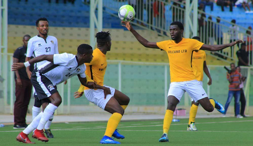 Bertrand Iradukunda (R) and Onesme Twazerimana (2nd-R), who helped Mukura to a 1-0 win in the first-leg clash, joined the Huye-based side from APR at the start of the 2018-19 season. Courtesy.