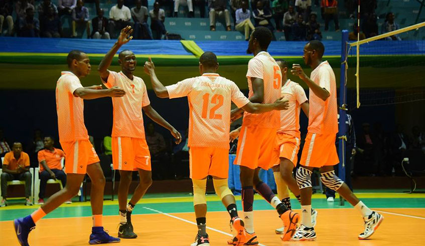 Gisagara volleyball club players celebrate after beating Burundian side Amicale at the Africa Zone V Club Championship in Kigali in February. File.
