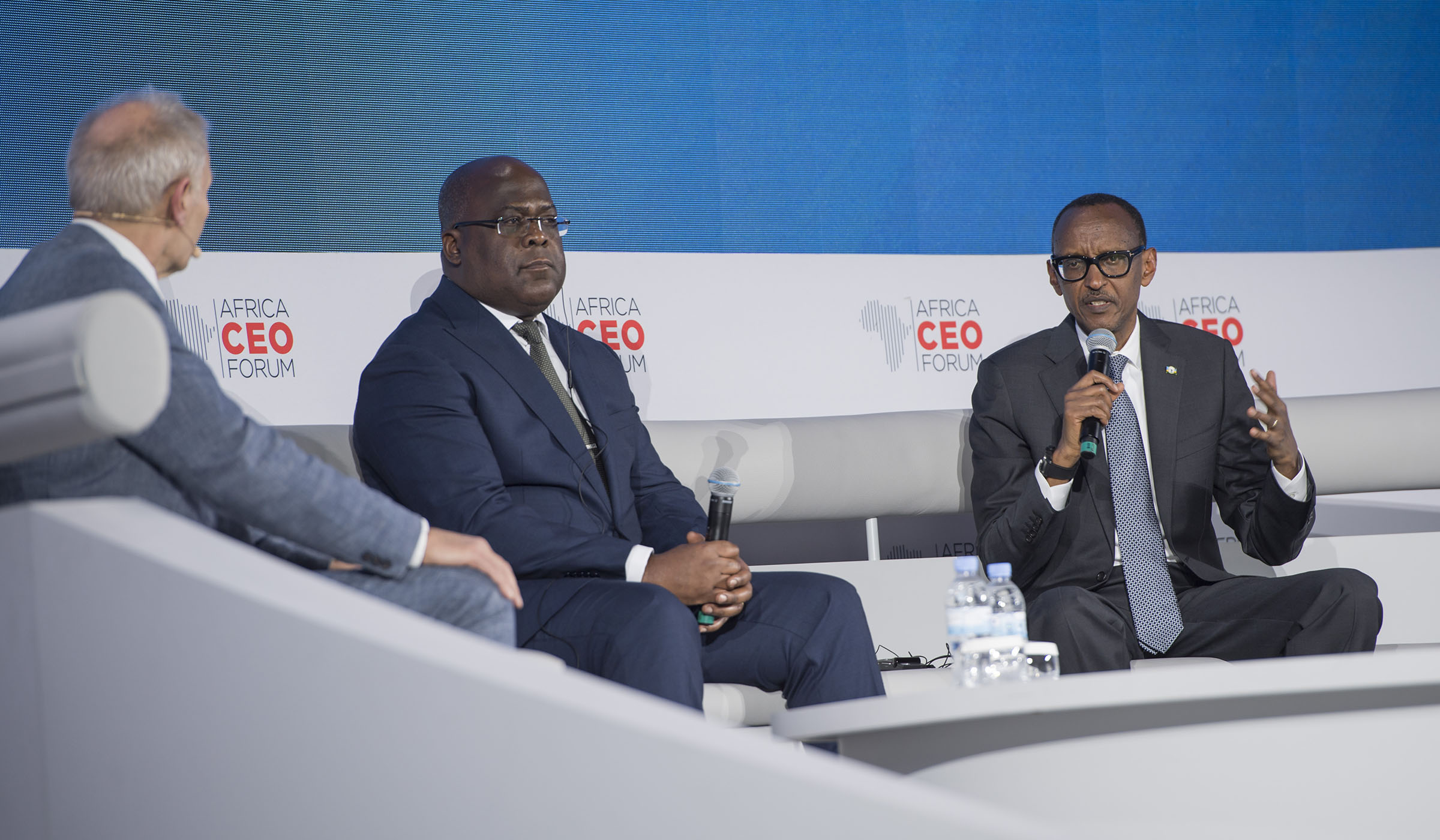 Presidents Paul Kagame and his DR Congo counterpart Fu00e9lix Tshisekedi (centre) during a panel discussion that was moderated by Patrick Smith (left), the Editor-in-Chief of The Africa Report. The two presidents reiterated the zeal to work together for the betterment of their respective citizens.  Village Urugwiro.