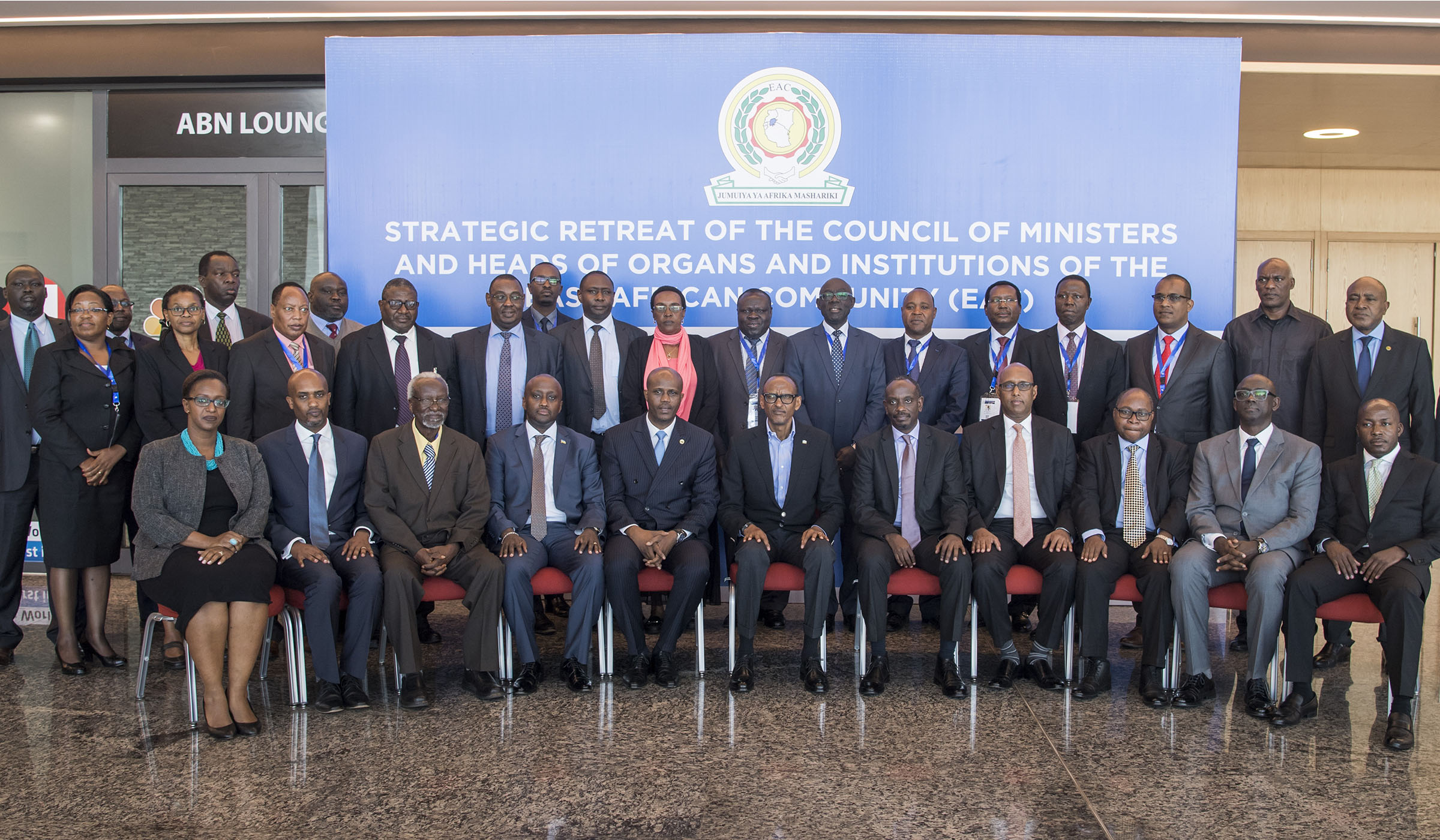 President Paul Kagame amidst regional officials after opening the strategic retreat of the Council of Ministers and Heads of Organs and Institutions of EAC in Kigali yesterday. The President is pushing for urgent fixing of the bloc's challenges. Village Urugwiro.