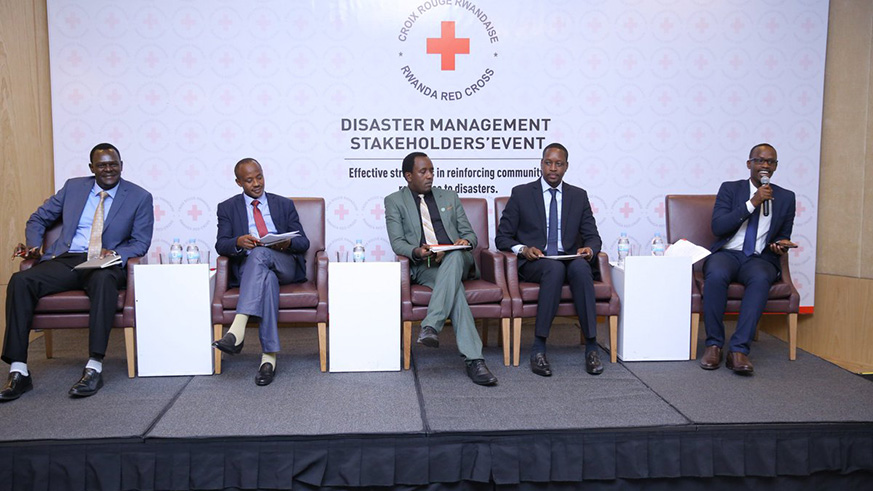 A panel discussion moderated by Matthew Rwahigi. Looking on are Dr Rutebuka Balinda, Philippe Habinshuti, Eugene Karangwa and Dr Bernard. Panelists shared inputs on effective strategies in reinforcing community resilience to disasters. Courtesy.