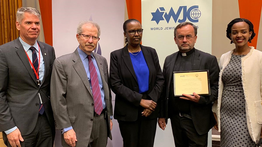 L-R: Chris Harland, Legal Advisor to the Permanent Observer Mission of the ICRC to the UN; WJC General Counsel Menachem Rosensaft; Rwandau2019s Ambassador to UN Valentine Rugwabiza; Father Patrick Desbois; and Genocide survivor Liliane Pari Umuhoza. Courtesy.