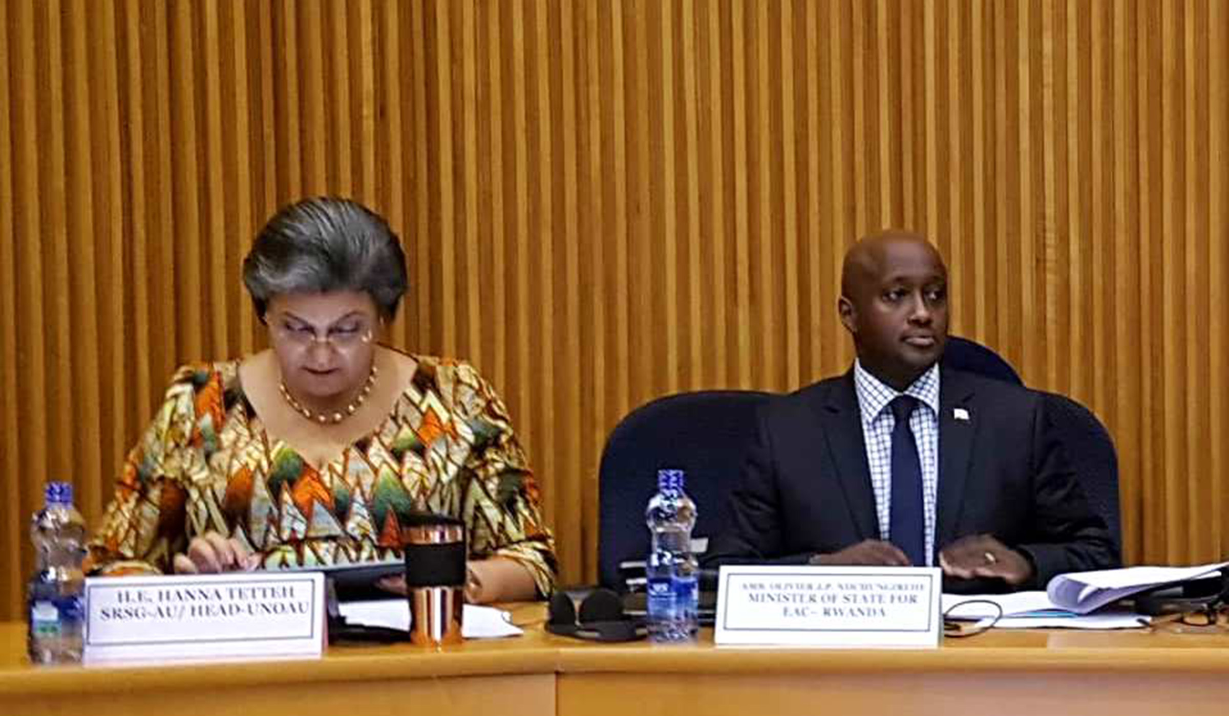Nduhungirehe (right) and Hanna Serwaa Tetteh, UN Special Representative to the African Union at the session in Addis Ababa yesterday. Courtesy.