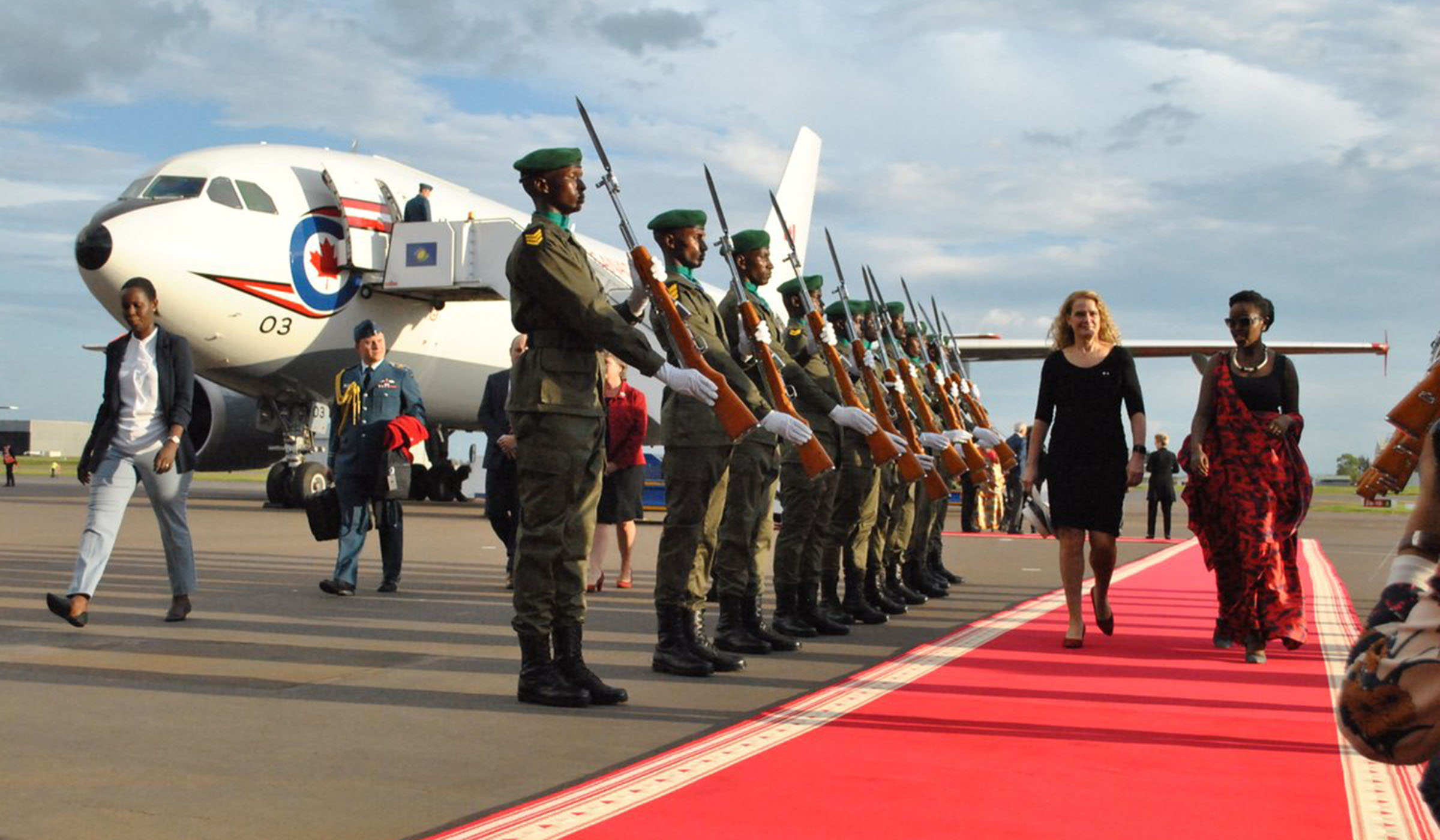 Canadian Governor General Julie Payette is received by Rwandau2019s Minister for ICT & Innovation Paula Ingabire at Kigali International Airport. Courtesy.