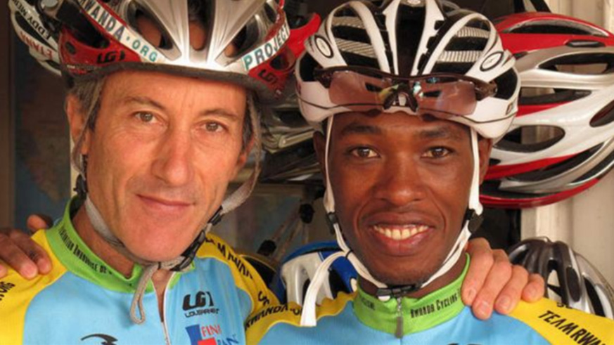 Adrien Niyonshuti with Team Rwanda founder Jonathan u2018Jocku2019 Boyer during the early days of the national cycling team. File.