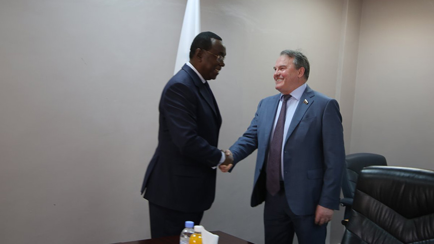 Hon. Igor Morozov, a Russian MP and Deputy Chairperson of the Council of the Federation Committee on Science, Education and Culture chats with Senate President Bernard Makuza yesterday. Courtesy.