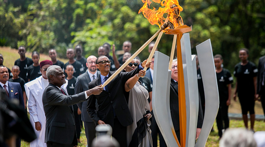 President Kagame and First Lady Jeannette Kagame are joined by the African Union Commission Chairperson Moussa Faki and the President of the European Union Jean-Claude Juncker in lighting the Flame of Remembrance at the Kigali Genocide Memorial Sunday morning. The Flame will last 100 days u2013 the duration of the 1994 Genocide against the Tutsi that claimed the lives of more than a million people. / Village Urugwiro