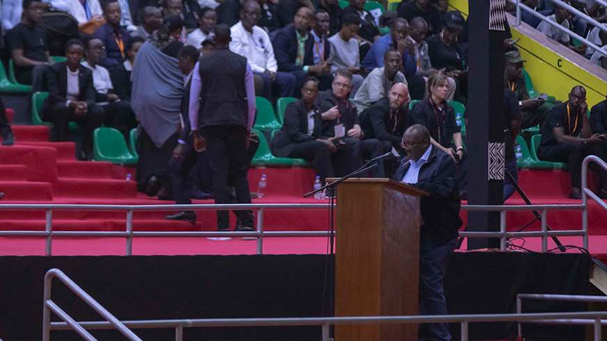 Dr Jean-Pierre Dusingizemungu, the President of Ibuka delivers his remarks at the Night Vigil at Amahoro stadium. Emmanuel Kwizera.