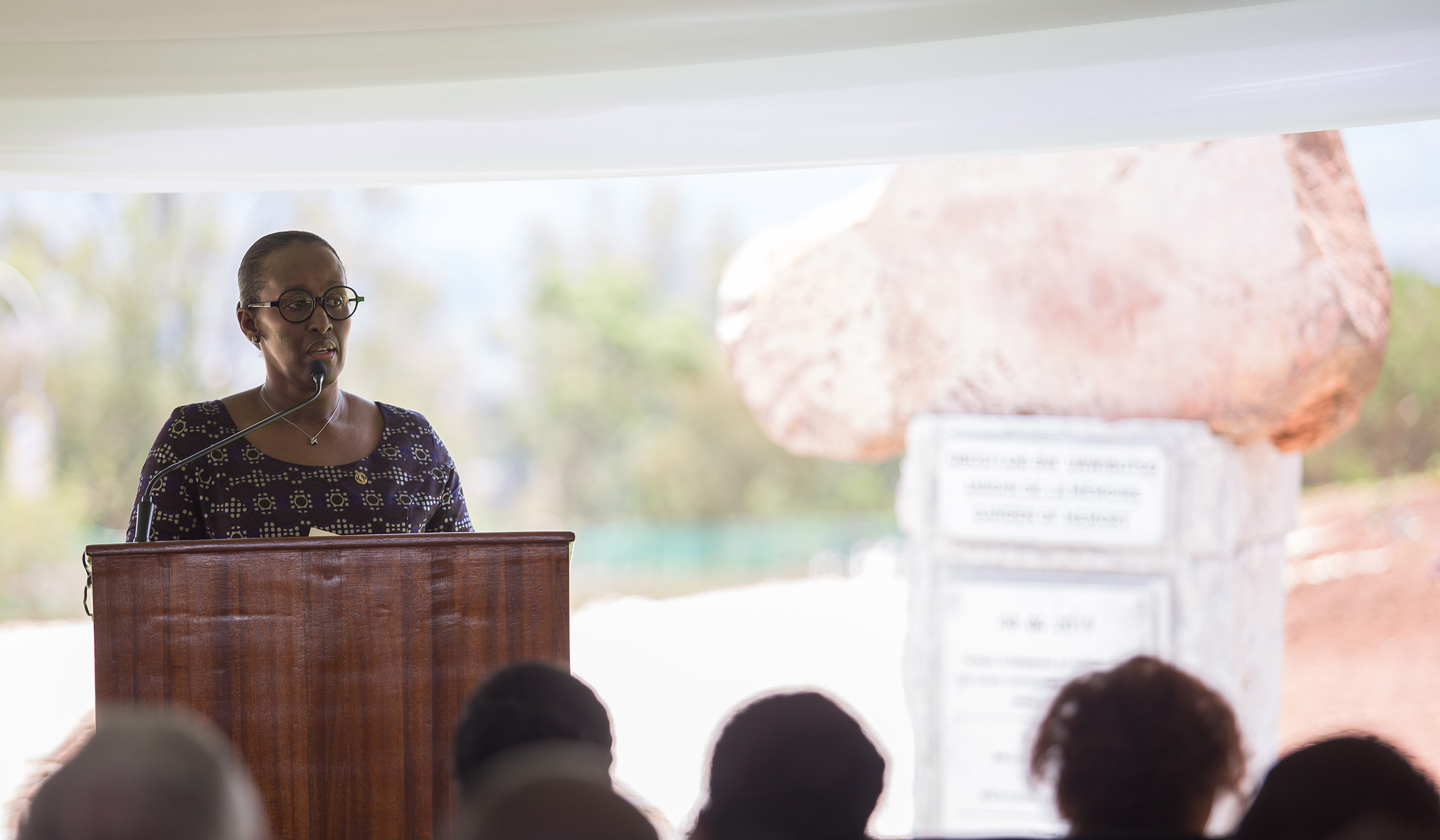 Mrs Kagame delivers her remarks at the official inauguration of the Garden of Memory at Nyanza Genocide Memorial in Kicukiro District yesterday. Courtesy photos.
