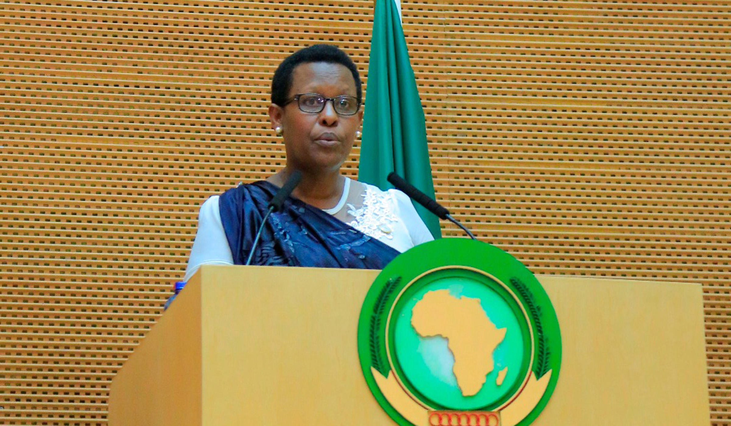 Rwandau2019s envoy to Ethiopia Hope Tumukunde speaks during the ceremony to commemorate the 25th anniversary of the Genocide against the Tutsi in Addis Ababa on Sunday. Courtesy.