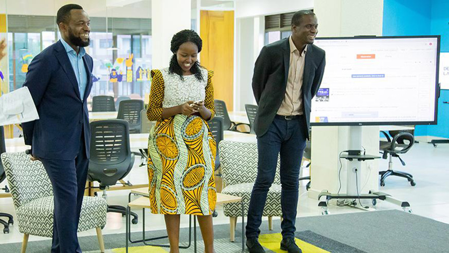 Minister for ICT & Innovation Paula Ingabire (C) during the launch of the African u2018Design Labu2019. Looking on are tech-prenuers Bosun Tijani (left), the founder of  Co-Creation Hub (CcHub),  and Femi Longe. File. 
