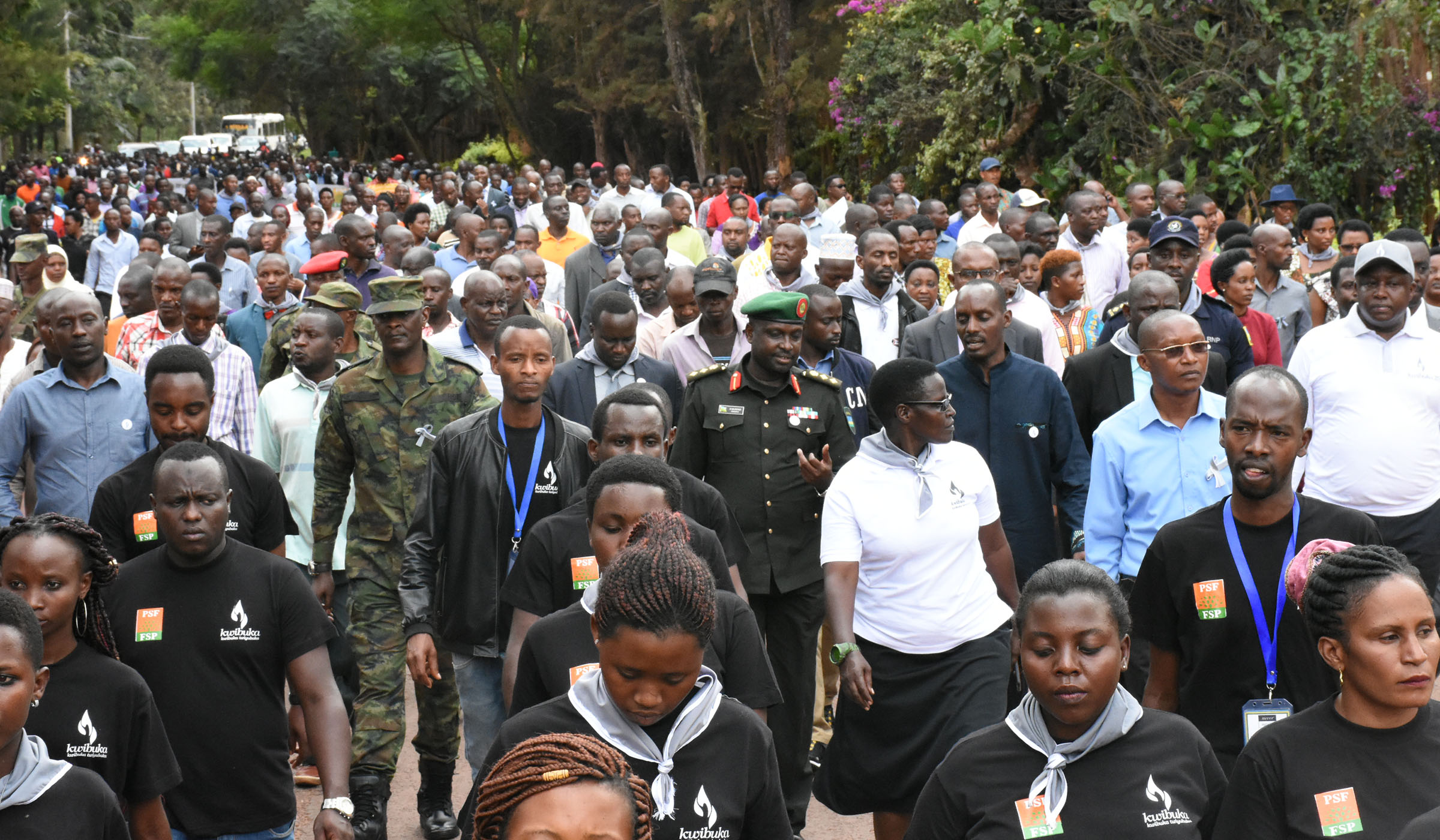 Members of the Private Sector Federation and local government officials in a Walk to Remember in Ngoma District on Tuesday. Jean de Dieu Nsabimana.