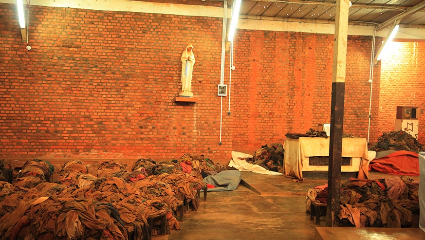 Clothes of some of the victims of the 1994 Genocide against the Tutsi inside Nyamata Genocide memorial (formerly a Catholic Church) where thousands were killed during the 100-day slaughter. 