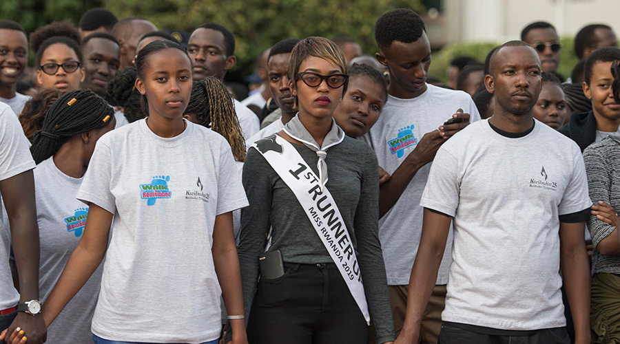 Casmir Yasipi Uwahirwe, First Runner-up for Miss Rwanda 2018, and other youths born after the Genocide against the Tutsi during the Walk-to-Remember on Sunday. / Village Urugwiro